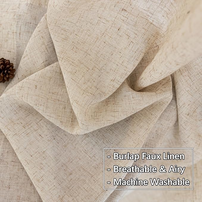 Burlap Pinch Pleated Linen Semi Sheer Curtains 96 Inches Long, 50 Inches Width, Neutral Flax Light Filtering Drapes, Beige Retro Window Treatments, Rustic Farmhouse Curtain Panels