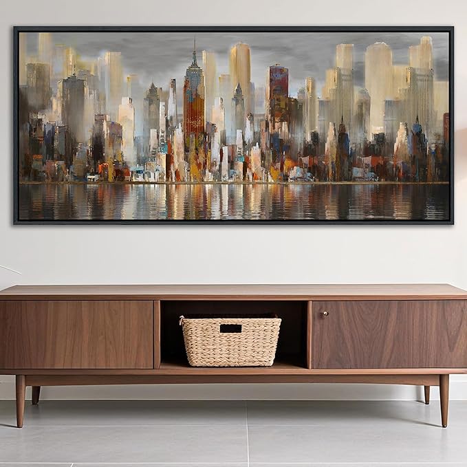 Framed Large Cityscape New York Wall Art Canvas Prints Abstract Brown City Theme Paintings Modern Canvas Wall Art for Living Room Pictures Wall Decor Bedroom Big Size 40x87