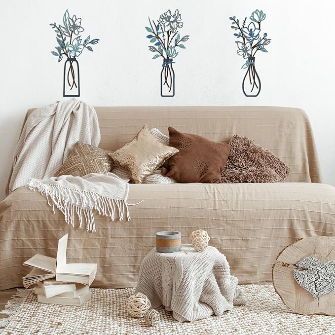 ARTINME 3 Pieces Metal Flowers Wall Arts - Rustic Farmhouse Decor Minimalist Flower Wall Decors for Living room Bathroom Kitchen Bedroom Dining Room - Housewarming Gifts (Blue)