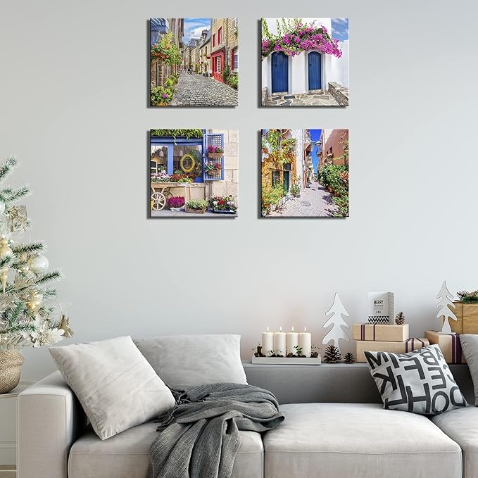Italy Tuscan Wall Art, Colorful Nature Scenic Framed Pictures Canvas Prints, Modern Town Street Artwork Paintings for Living Room, Bedroom, Office Wall Decor