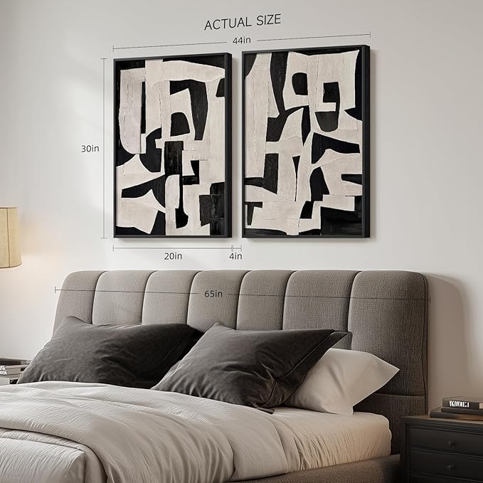 Large Framed Black and Beige Abstract Wall Art, Set of 2 Piece Minimalist Canvas Paintings Artwork for Walls, Modern Art Prints Pictures for Living Room Hallway Dining Room Bedroom Office Wall Decor