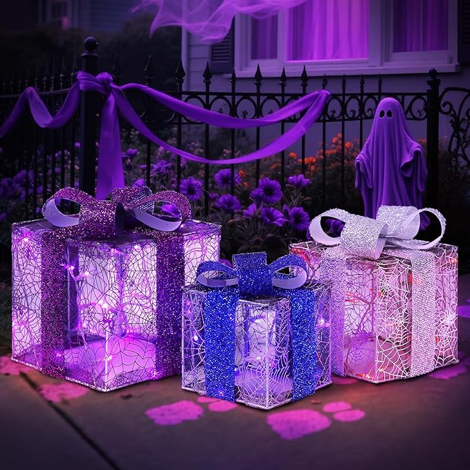DomKom Plug-in Set of 3 Halloween Lighted Gift Boxes Decorations with 60 LEDs Metal Frame Halloween Present Boxes Decor for Holiday Home Indoor Garden Party Favors
