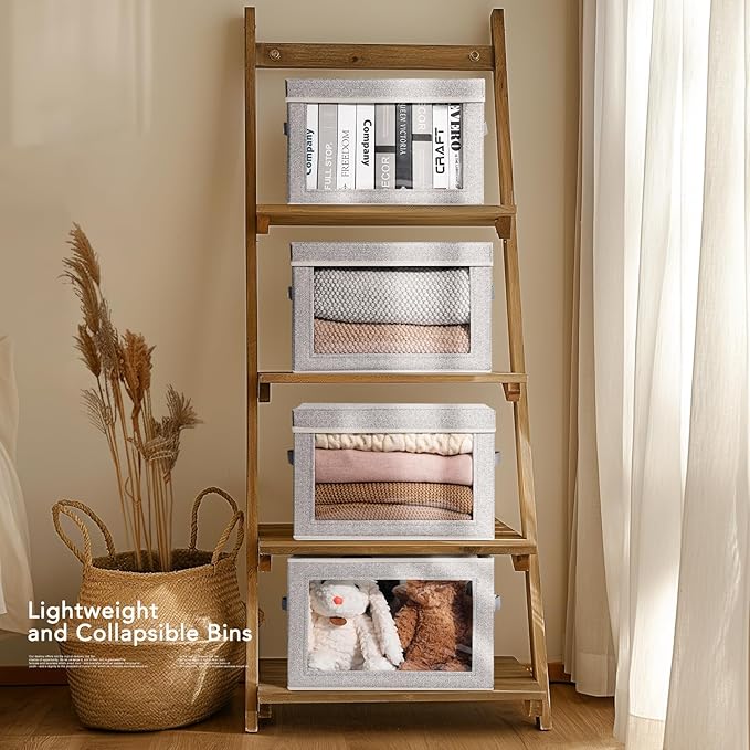 Storage Boxes with Lids - 4 Pack Fabric Clear Window Storage Bins, Large Decorative Storage Bins with Handles, Linen Closet Organizer for Clothes, Towel, Blanket, Light Grey