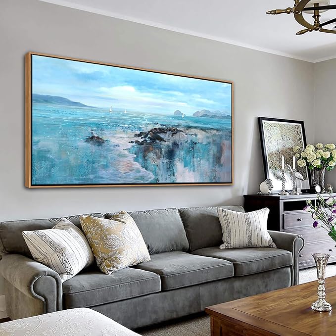 Large Framed Canvas Wall Art - Abstract Modern Artwork for Living Room Decor, 30x60 Blue Ocean Coastal Theme