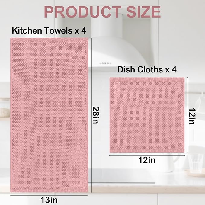Homaxy 100% Cotton Kitchen Towels and Dishcloths Set, 12 x 12 Inches and 13 x 28 Inches, Set of 8 Bulk Kitchen Towels Set, Ultra Soft Absorbent Dish Cloths for Washing Dishes, Dried Rose