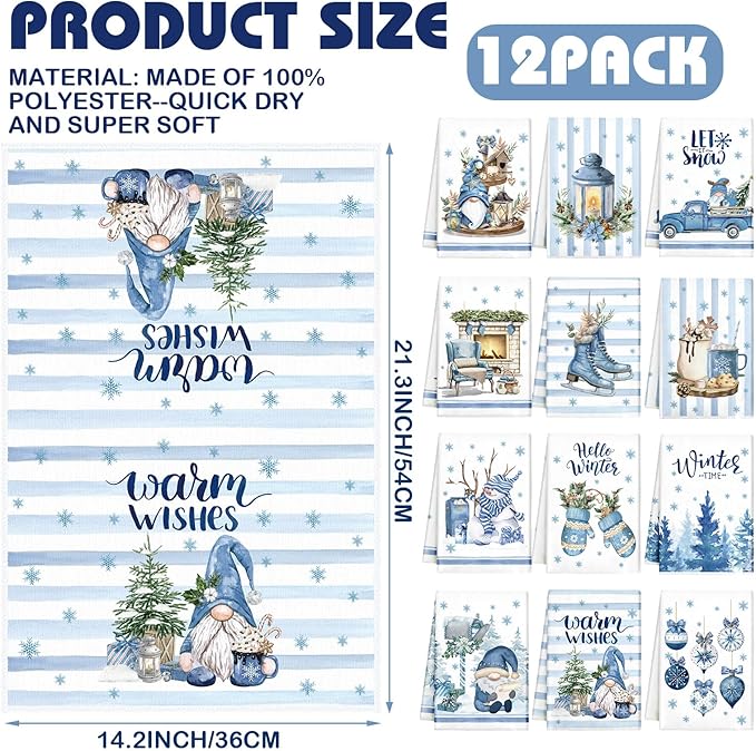 12 Pcs Christmas Kitchen Towels and Dishcloths Absorbent Christmas Tree Reindeer Truck Hand Dish Towels Decoration for Xmas Home Gift Supplies, 14.2 x 21.3 Inch(Novel Style)