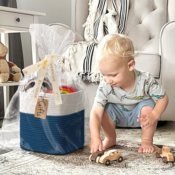 INDRESSME 11x11 Cube Storage Bins, 3-Pack Woven Baskets for Shelves Kids Toy Bins Bathroom and Playroom Basket Organizer, Nursery Laundry Basket, White & Blue