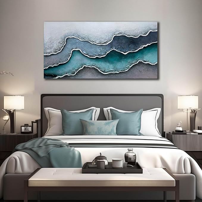 Blue and White Beach Hand Painted Wall Art for Bedroom Modern Art Wall Decor for Office Big Canvas Wall Decor for Bedroom Size 29 x 58 Inch