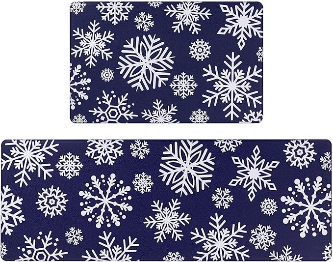 SHACOS Christmas Kitchen Rugs Set of 2 Anti-Fatigue Kitchen Mats Cushioned Blue Christmas Kitchen Rugs White Snow Farmhouse Kitchen Mats and Rugs for Xmas 17x27.5+17x47, Blue Snowflakes
