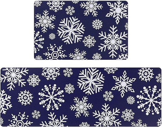 SHACOS Christmas Kitchen Rugs Set of 2 Anti-Fatigue Kitchen Mats Cushioned Blue Christmas Kitchen Rugs White Snow Farmhouse Kitchen Mats and Rugs for Xmas 17x27.5+17x47, Blue Snowflakes