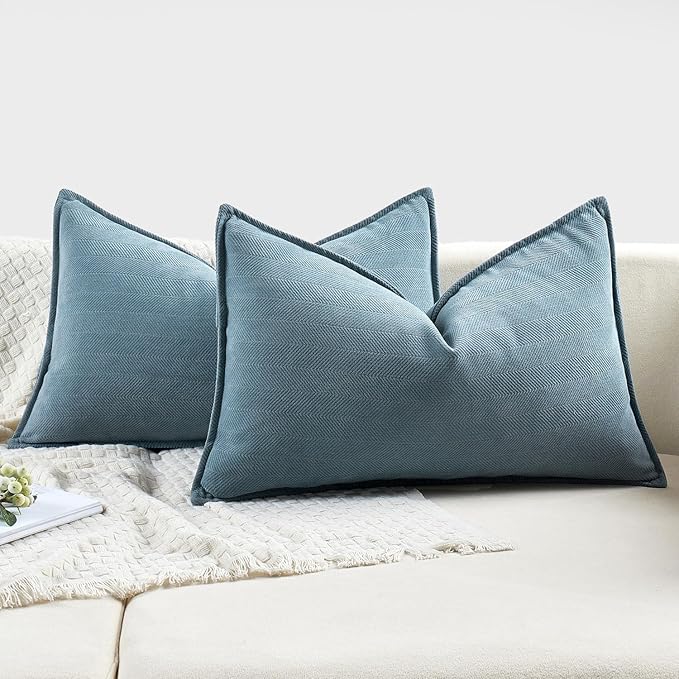 MIULEE Pack of 2 Dusty Blue Decorative Lumbar Pillow Covers 12x20 Inch Soft Chenille Luxurious Couch Throw Pillows Farmhouse Cushion Covers with Elegant Design for Sofa Bedroom Living Room Home Decor