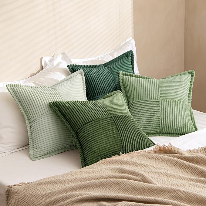 MIULEE Christmas Green Decorative Throw Pillow Covers 20x20 Inch 4 Packs Soft Boho Farmhouse Pillow Cases Mordern Corduroy Patchwork Cushion Cases for Couch Sofa Bed Gradient Home Decor