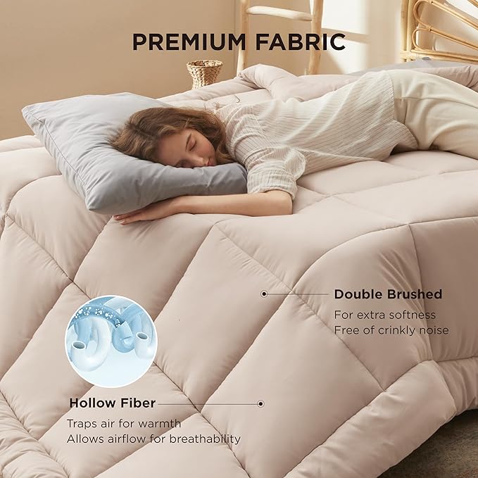 Bedsure Comforter Duvet Insert - Quilted Comforters Queen Plus Size, All Season Duvet, GentleSoft Down Alternative Bedding, with 8 Tabs, Gifts for Women/Men,Beige,Queen Plus 90 x 90 Inches