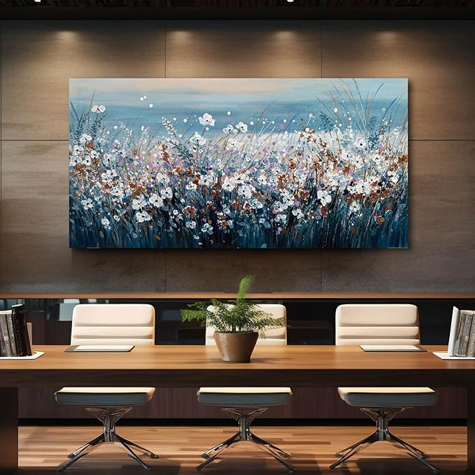 Blue Pictures Wall Decor Ocean Landscape Framed Wall Prints for Living Room Floral Wall Art Office Posters for Room Decor 29x58 Inch Hotel Art