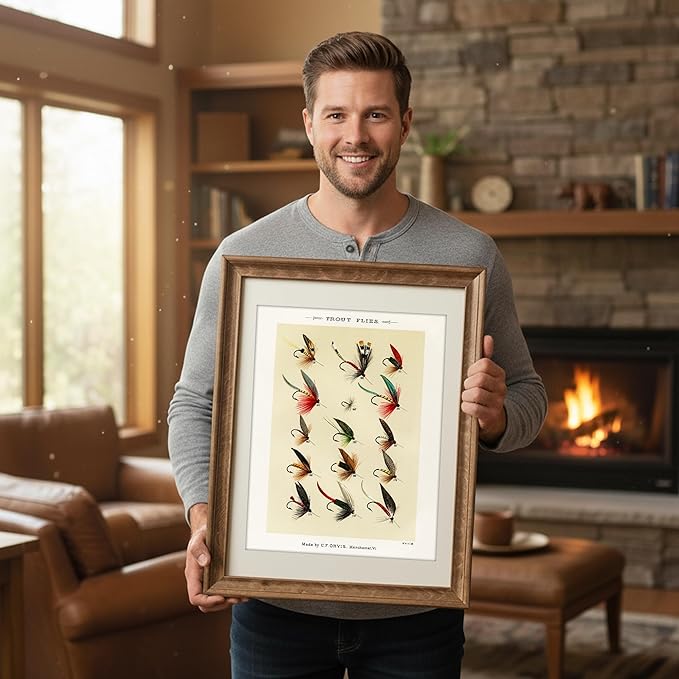 Vintage Fly Fishing Art Prints (Set of 4) - Unframed - 11x14 | Great Gift for Fisherman - Reproductions of Vintage Fishing Lure Drawings - Rustic Decor