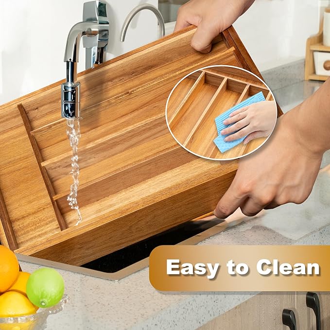 Expandable Utensil Organizer Silverware Organizer for Kitchen Adjustable Utensils Holder Acacia Large Flatware Silverware Cutlery in Drawer (7 Slot, Acacia)