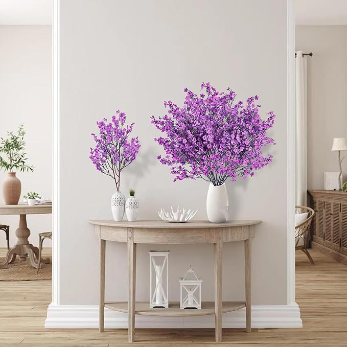 Sggvecsy 15 Pcs Babys Breath Artificial Flowers Gypsophila Bouquets Bulk Real Touch Fake Silk Flowers for Home Wedding DIY Floral Arrangement Kitchen Table Centerpiece Festival Decoration (Purple)