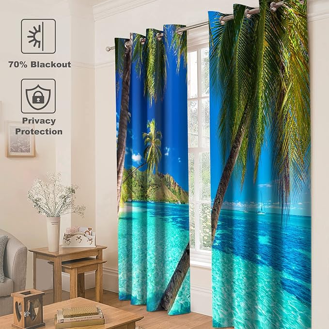 Jekeno Ocean Palm Tree Blackout Curtains Tropical Beach Theme Clear Sea Island View Seaside Scenery Print Grommet Window Drapes Decor for Bedroom Living Room Blue 2 Panel Set, 52"x84"