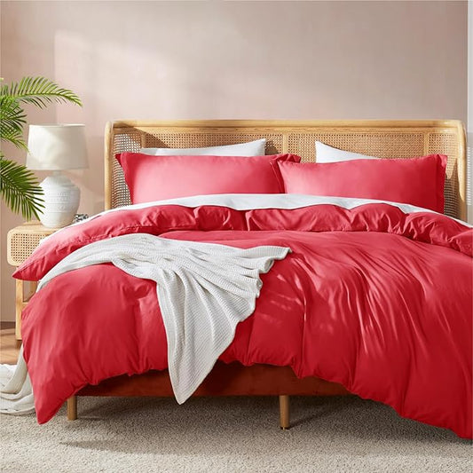 Nestl Full Duvet Cover Set with Comforter Insert - Red 4 Piece 80x90 Duvet Cover & 2 Pillow Shams with White Quilted Down Alternative Comforter, Ultra Soft, All Season