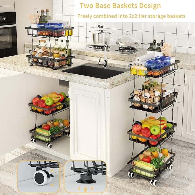 Fruit Vegetable Storage Basket for Kitchen - 4 Tier Slim Stackable Metal Wire Basket Cart with Rolling Wheels Utility Rack Onions Potatoes Organizer Bins for Kitchen Pantry Black