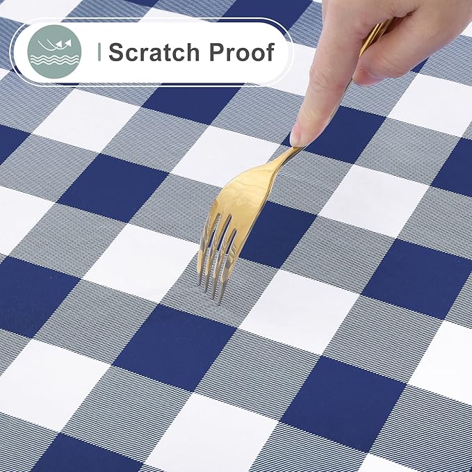 misaya Rectangle Waterproof Vinyl Table Cloth, Buffalo Flannel Backed Tablecloth, Wipeable Plastic Table Cover for Dinner, Kitchen, Outdoor (60" x 84", White and Navy)