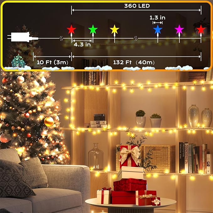 Star String Lights 360 LED 132FT, 8 Modes Plug in Star Fairy Lights with Timer & Memory, Indoor Outdoor Star Christmas Lights for Birthday Party Bedroom Wedding Home Classroom Decor Macaron Colors
