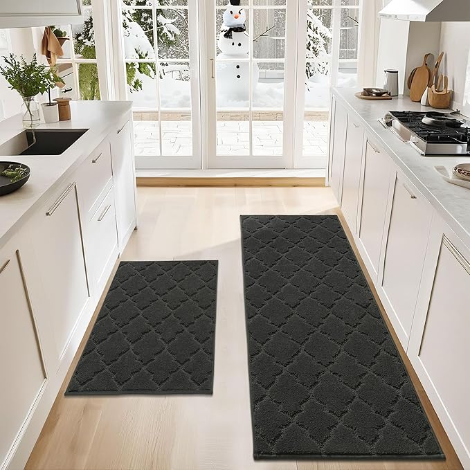 COSY HOMEER Soft Kitchen Rugs [2 PCS] for in Front of Sink Super Absorbent Kitchen Floor Mats and Mats 24x35 Inch/24X60 Non-Skid Kitchen Mat Standing Mat Washable,Polyester,Black
