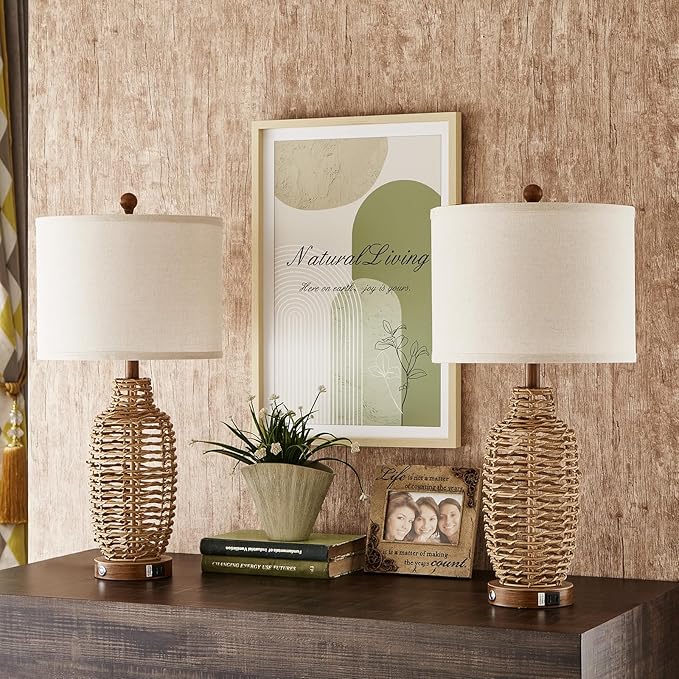 Rattan Table Lamps Set of 2 Wicker Lamps 3 Way Dimmable Touch Control Farmhouse Rustic Coastal Lamps with USB Port for Bedroom Living Room Office (LED Bulbs Included)