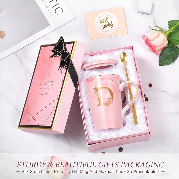 Birthday Gifts for Women, Personalized Gifts for Women, Ceramic Mug with Lid, Spoon Greeting Card, 14 Oz Pink Initial Mug Customized, Christmas Gift Basket for Her Mom Grandma Sister Wife Unique,D