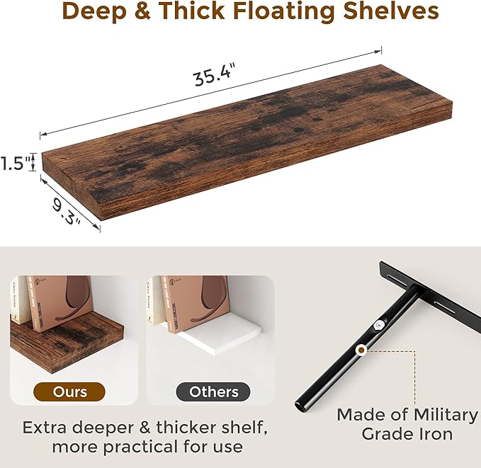 36x9.3 Floating Shelves for Wall, Wood Floating Shelf 36 Inch Long, Large Deep Wall Shelves for Home Decor & Storage, Rustic Deep Shelf for Living Room, Bedroom, Kitchen, Rustic Brown Color