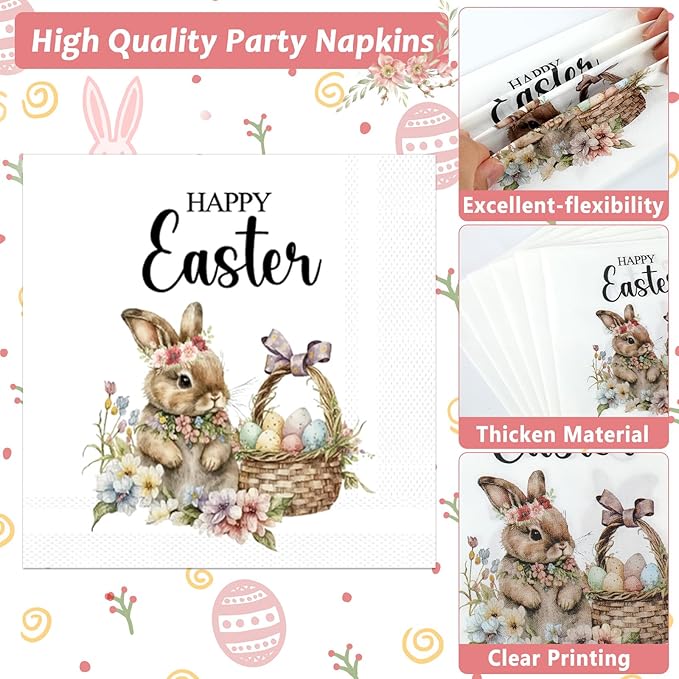 Happy Easter Oval Paper Plates Vintage Bunny Rabbit Flower Plates and Napkins Party Decorations Easter Floral Party Supplies 11inch Heavy Duty Dish Tray Dinnerware for Spring Picnic, 25 Guest