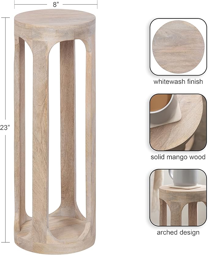 Kate and Laurel Dahl Coastal Wooden Round Drink Table; 8 x 23; Whitewash; Boho Circle Wood Accent Pedestal Table for Living Room Plant Stand or Small Bedroom Nightstand