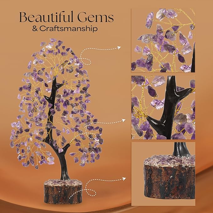 Amethyst Crystal Tree of Life with 2 Chakra Pendants, Gemstone Tree for Positive Energy, Birthday Gift for Women, Office Decor, Crystals and Healing Stones 10-12"