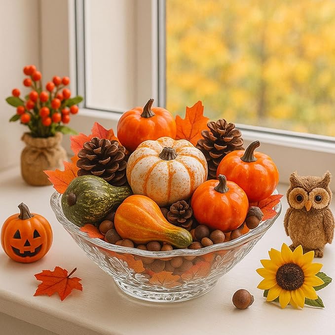 DomeStar Pumpkins for Decorating- 8 Assorted Mini Fake Pumpkins, 30pcs Autumn Leaves, 10pcs Acorns, 2pcs Pine Cones for Thanksgiving Harvest Decor, Halloween, Fall Baby Shower & Table Centerpieces