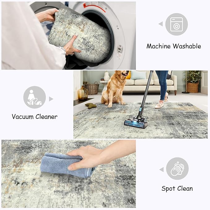 Lahome Modern Abstract Living Room Rug, Grey Washable Rugs 8x10 Area Rugs for Bedroom Stain Resistant Non Slip, Large Soft Indoor Accent Carpet for Dining Room Table Home Office Decor