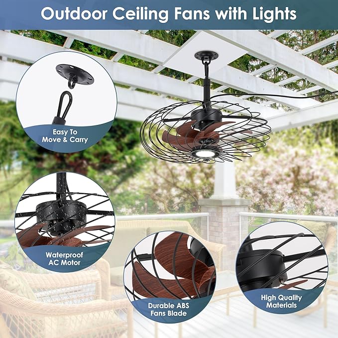 20" Outdoor Ceiling Fan with Light, Waterproof Gazebo Fan Remote Control, Dimmable LED Light, Hanging Black Caged Ceiling Fixtures with Plug in Cord for Patios Pergola