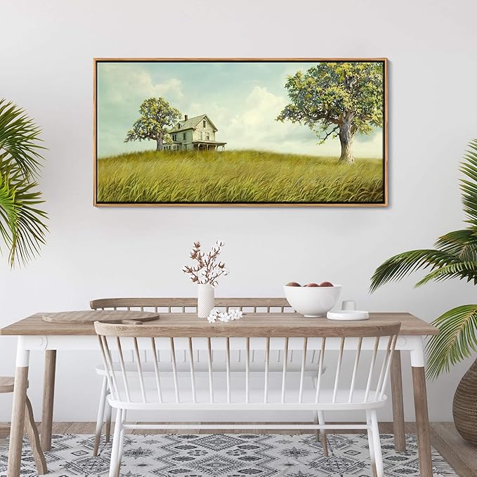 YCPRIMER Canvas Wall Art - Village Landscape Decor Retro Farmhouse Picture Yellow Tree Painting Framed Artwork for Dinning Room,Living Room,Kitchen Decoration Size 24×48Inch