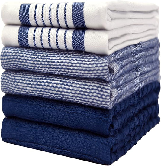 Premium Kitchen Towels 20”x 28”- 6 Pack | Large Cotton Kitchen Towels | Hand Towels for Kitchen | Flat & Terry Towel | Dish Towels | Highly Absorbent Tea Towel with Hanging Loop | Navy Blue Striped