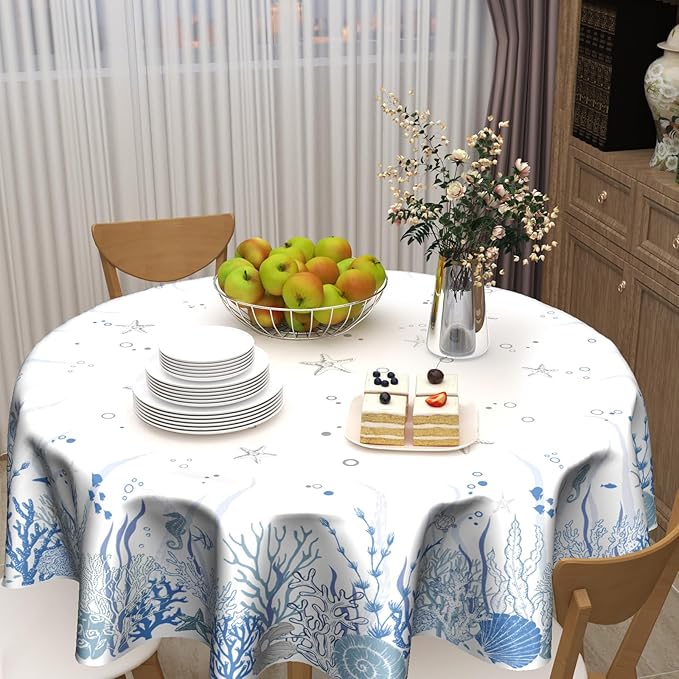 Summer Coastal Table Cloth Round 60 Inch Blue Ocean Coral Tablecloth Round Nautical Coastal Round Table Cloths Farmhouse Beach Theme Wallpaper Decoration for Home Kitchen Dining Room Party Picnic