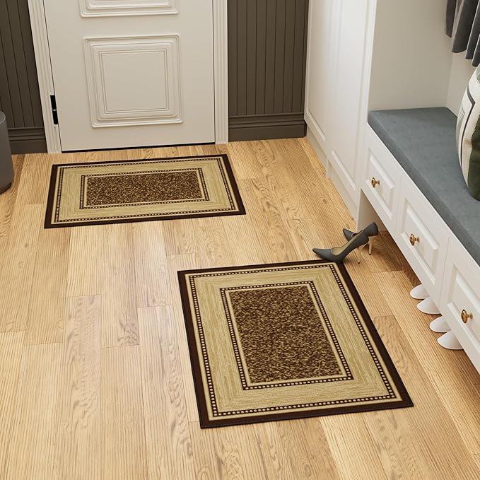 Ottomanson Rugs for Entryway 2'3" x 3' - 2 Pack Non Slip Border Small Area Rugs Durable Front Door Mat Rug Stain Resistant Entrance Rugs for Bathroom Kitchen Bedroom & Living Room, Brown