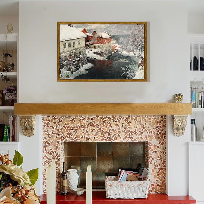 crmotu Framed Canvas Wall Art, Country Winter Scene Vintage Art Prints, Riverside Old Architecture Landscape Painting, Snow Scenery Rustic home Decor Living Room Bedroom, Farmhouse Wall Decor 16x24in