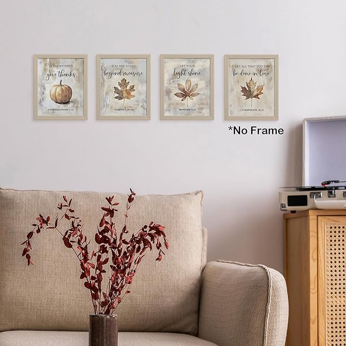 TLESKE Rustic Fall Christian Pumpkins Maple Leaves Posters Prints Unframed Set of 4 for Farmhouse Bedroom Living Room Kitchen, Vintage Autumn Wall Art Prints Decor, Thanksgiving Wall Pictures, 8x10