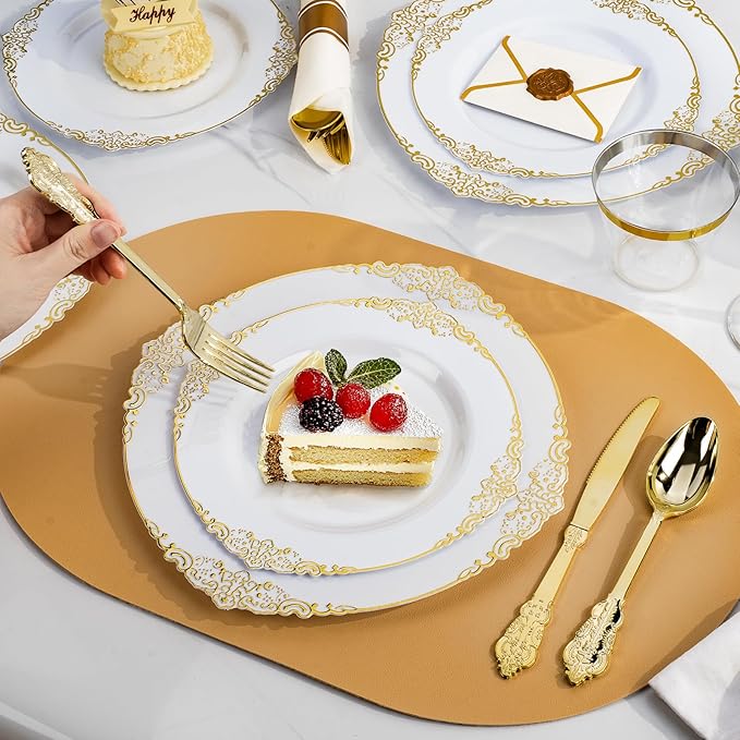 700PCS Gold Plastic Plates for 100 Guests, Disposable Dinnerware Sets Include 200 Gold Rim Plastic Plates, 100 Silverwares, 100 Cups, and 100 Pre Rolled Napkins for Party, Wedding