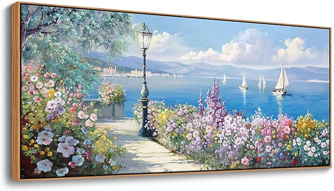 YCPRIMER Extra Large Coastal Wall Art - Sailboat Pictures Ocean Canvas Wall Decor Flowers Paintings Landscape Yellow Artwork Modern Seascape Nautical Decoration Framed for Living Room Bedroom Home Office Decor Size 70x31Inches