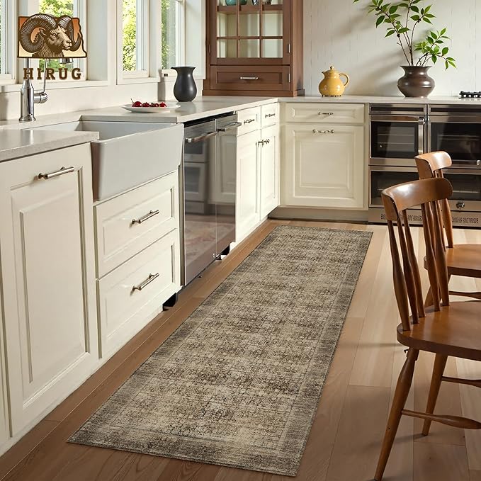 Washable Area Rug 2'6'' x 8' Vintage Traditional Persian Mat - Foldable Distressed Non-Slip Machine Washable Carpet for Living Room Bedroom Kitchen Home Decor - Mocha and Taupe