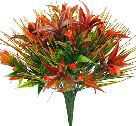 Uieke 6Pcs Outdoor Artificial Plants UV Resistant, Fake Morning Glory Flowers with Orange Grass, Tropical Flowers Fall Leaves Foliage for Garden Patio Sidewalk Décor Red