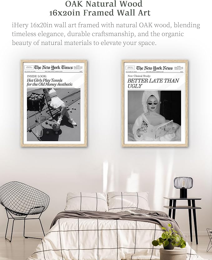 iHery Natural OAK Wood Trendy Retro Newspaper Headline Framed Wall Art, Large 16x20 in Better Late Than Ugly Vintage Bedroom Canvas Wall Art,Beige Preppy Funky Bathroom Living Room Decor Set of 1