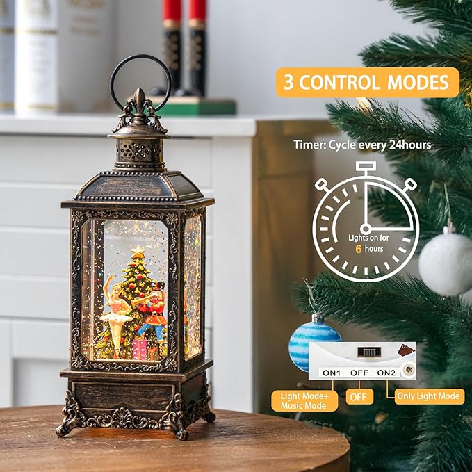Christmas Nutcracker Snow Globe Lantern - Vintage LED Swirling Glitter Water Lamp with Clara & Soldier, Plays The Nutcracker Suite Music, 6-Hour Auto Timer - Holiday Tabletop Decor & Gift