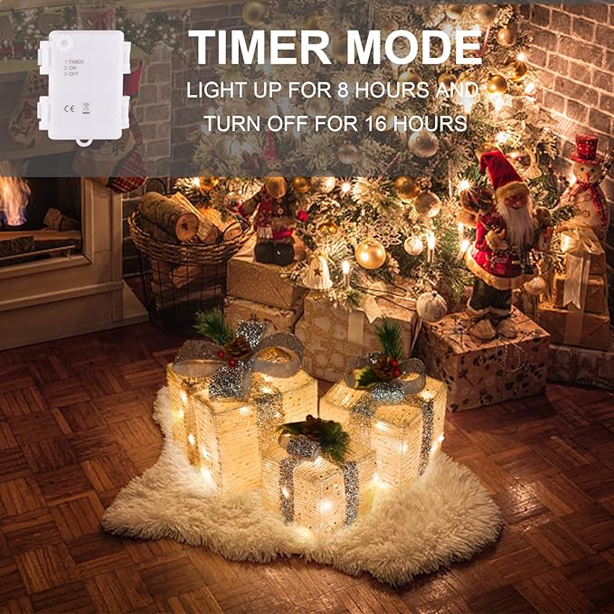 Christmas Lighted Gift Boxes, Pre-lit Lights Gold Linen Cloth Gift Boxes, Light up Present Boxes Set Battery Operated with Different Sizes for Holiday Indoor Outdoor Decorations (Gold Liene)