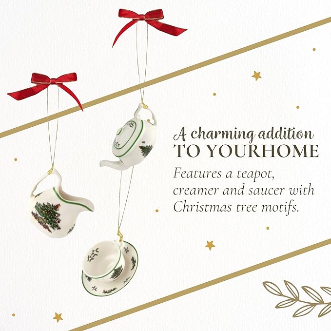 Spode Christmas Tree 3-Piece Tea Set Ornament, Durable Holiday Ornament for Festive Decor & Winter Wonderland Display - Sleek Seasonal Ornaments for Tree, Mantel, Holiday Home Decoration